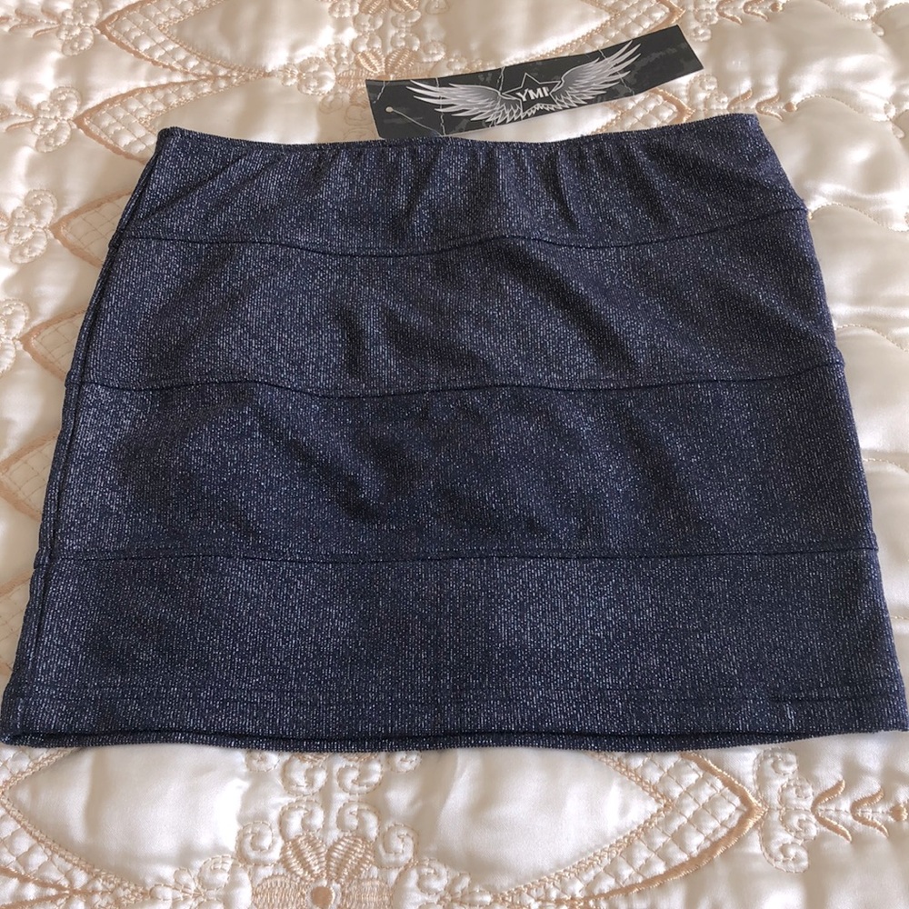 VTG Y2K YMI Cyber Blue Metallic Shimmer Mini Skirt Knit Paneled Bodycon stretchy